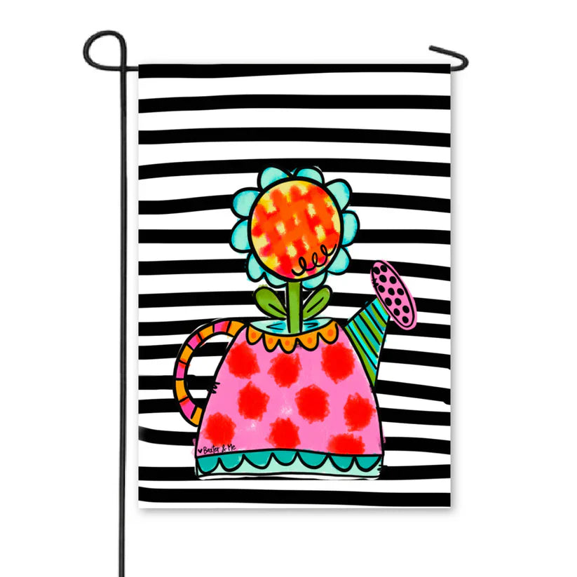 Black and White Striped Flower Can Garden Flag